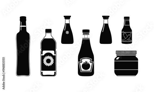 Assorted black silhouettes of various beverage and condiment bottles
