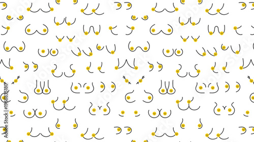 Female breast Seamless pattern in graphic line style with emoji