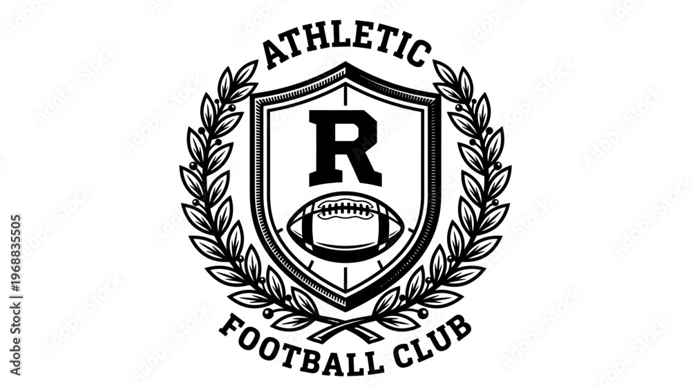 Fototapeta premium Athletic Football Club Emblem with Letter R, American Football, and Laurel Wreath, isolated white background.