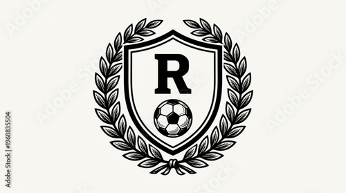 Soccer Football Club Emblem with Letter R and Laurel Wreath, isolated white background.