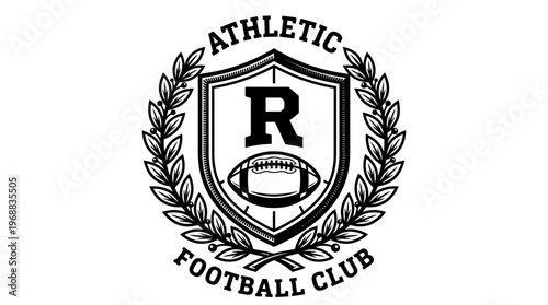 Athletic Football Club Emblem with Letter R, American Football, and Laurel Wreath, isolated white background.