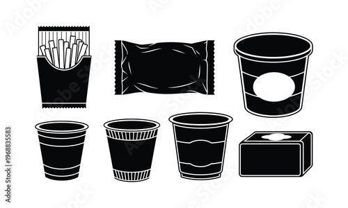 Assorted fast food and beverage containers illustrated in black and white