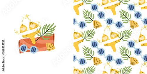 Set of summer vacation coastal illustration with beach texture. Tropical summer seaside and vacation print. Bikini, eyeglasses, seashell, towel and palm leaf.