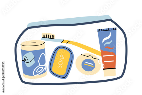 Travel hygiene essential kit. Trip items, hygiene holder. Toothpaste, toothbrush, dental floss and soap, toilet paper. Cartoon flat illustration in retro style.