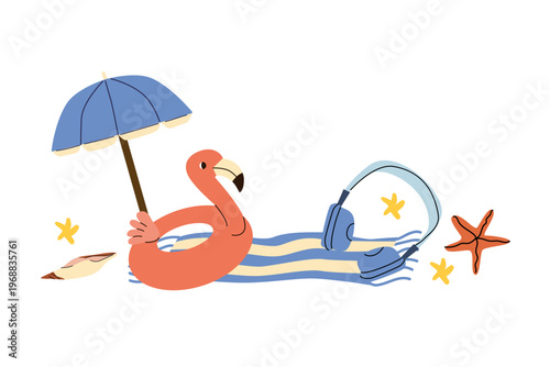 Cartoon summer beach umbrella composition with seaside accessories. Headphones, floating ring flamingo and towel with sea elements.