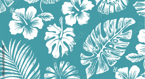 Aloha hibiscus brush stroke style seamless pattern, Hawaiian tropical floral vector background template with abstract nature flowers, exotic summer design, repeat pattern illustration
