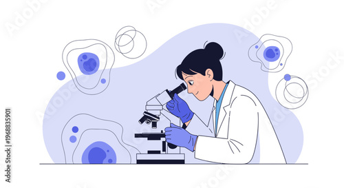 Scientist examining cells under microscope, cell biology research, laboratory analysis