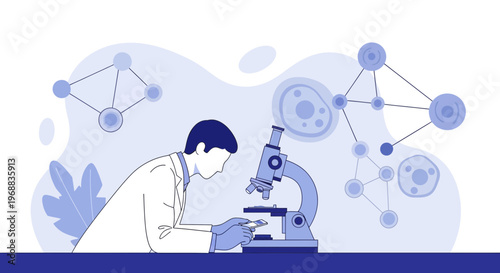 Scientist examining cells under microscope, molecular structure, laboratory research, science concept