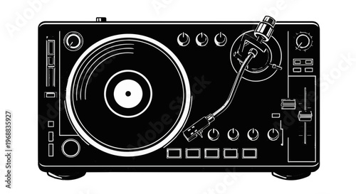 A minimalist vector illustration of a DJ turntable console in a flat design style