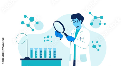 Scientist examining molecules with magnifying glass in laboratory, science research concept
