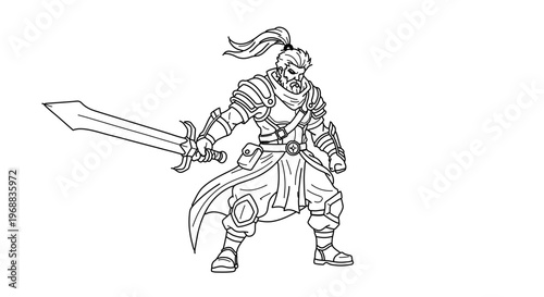 A medieval knight in armor holding a sword in a powerful stance, ready for battle.