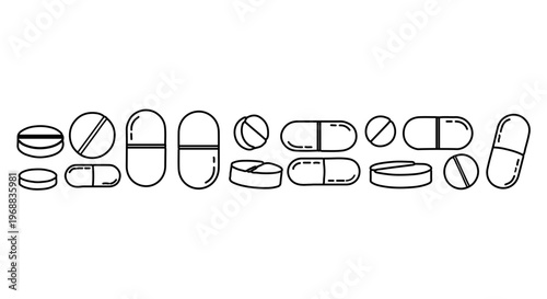 A vector graphic illustration of various pills and capsules in a minimalist line art style