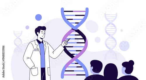 Scientist Explains DNA Structure to Audience, Genetic Research and Education Concept