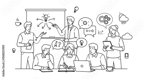 A minimalist vector illustration of a team brainstorming session with laptops and a projector screen