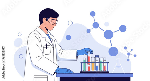 Scientist in Lab Coat Conducting Chemical Experiment with Test Tubes and Molecular Model