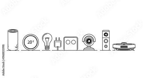 A set of modern smart home devices in a minimalist vector illustration