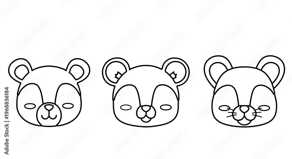 Fototapeta premium A minimalist vector illustration of three cute bear faces in different emotions
