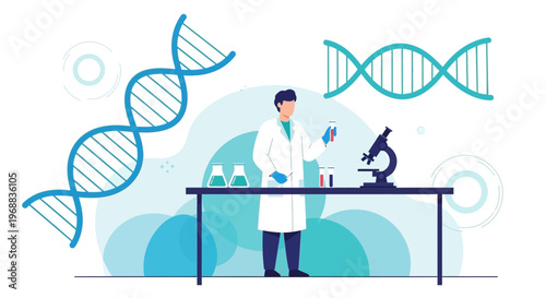 Scientist in Lab Coat with DNA, Microscope, and Test Tubes - Genetic Research Concept