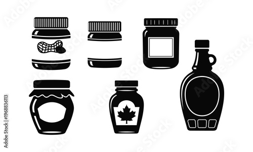 Assorted jars and bottles containing various preserved and liquid food items