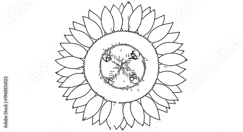 A minimalist vector graphic illustration of a sunflower with a globe at its center, symbolizing global harmony and nature
