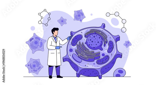 Scientist studying cell structure, microscopic view, scientific research and biotechnology concept