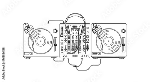A minimalist vector illustration of a DJ mixer with turntables and headphones on a white background