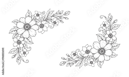 Delicate floral corner ornaments with blooming flowers and leaves leaf branch