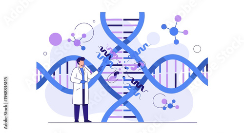 Scientist studying DNA helix structure, molecular biology research, genetic engineering concept