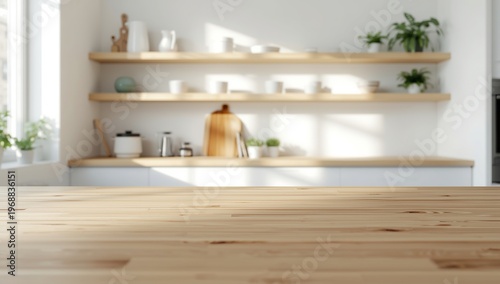 Bright modern kitchen with wooden countertop, white walls, open shelves, ceramic bowls, plants, and soft natural window light in a clean minimalist interior