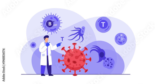 Scientist studying virus and immune cells, B cells, T cells, immunology concept