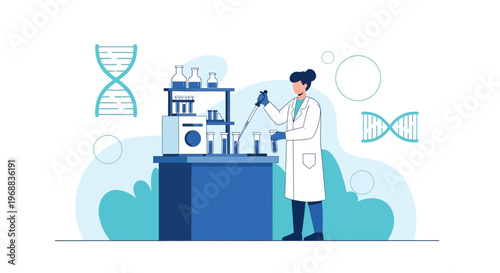 Scientist working in laboratory with DNA, microscope, and test tubes