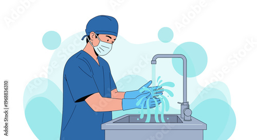 Surgeon washing hands with blue gloves and mask, hygiene concept