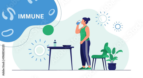 Woman drinking water for immune system support, healthy lifestyle, wellness concept