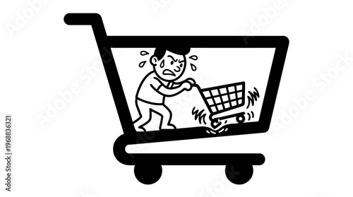 Minimalist Shopping Cart with Broken Wheel Struggle Line Art, Monochrome Vector Illustration of Grocery Store Humor