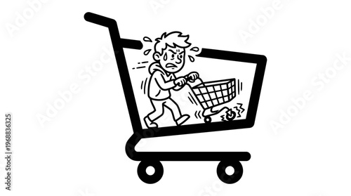 Minimalist Shopping Cart with Broken Wheel Struggle Line Art, Monochrome Vector Illustration of Grocery Store Humor
