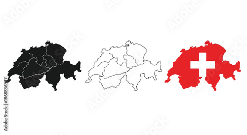 Switzerland depicted through different map styles with cantons and national flag Vector