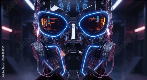 A futuristic robotic mask with neon blue lights and metallic details in a dark industrial setting