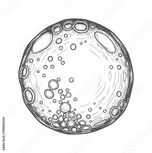 Hand drawn of a textured celestial body with craters and circles