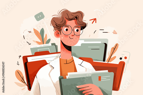 Young caucasian male professional with glasses holding folders in an office setting