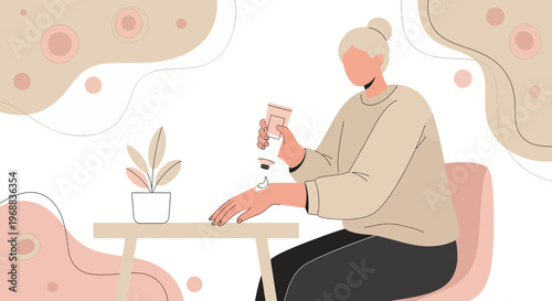 Woman pouring drink into glass at table with potted plant, pastel colors, abstract shapes background