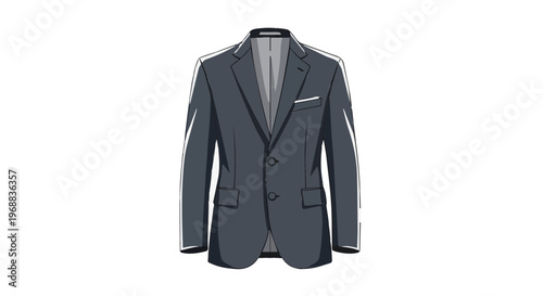 A sleek gray business suit jacket with a crisp white pocket square on a plain white background