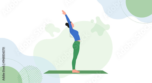 Woman practicing upward salute yoga pose (Urdhva Hastasana) on mat, healthy lifestyle