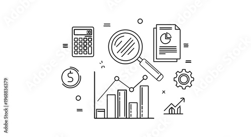 A minimalist vector graphic illustration of business and finance icons on a transparent background