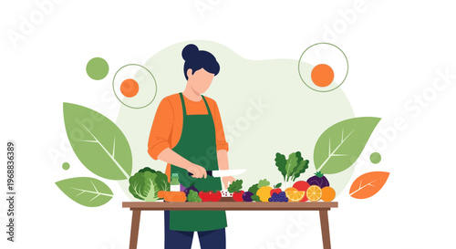 Woman preparing fresh healthy food with colorful fruits and vegetables on a table