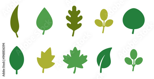 Collection of simple cartoon style leaf icons in green and yellow colors on transparent background