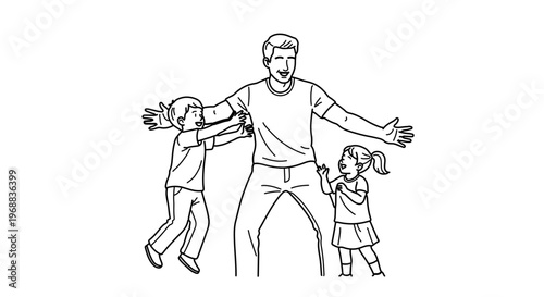 A minimalist vector illustration of a happy father playing with his two children in a playful and joyful moment