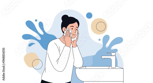 Woman washing face with water and towel, skincare routine, hygiene, clean skin, bathroom sink