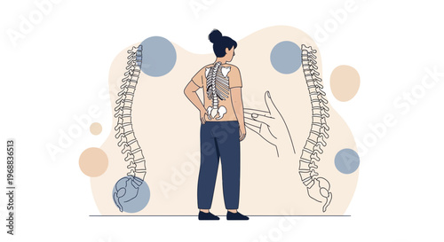 Woman with back pain, chiropractic care, spine anatomy illustration