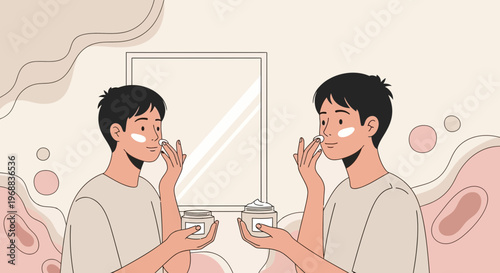 Young Man Applying Face Cream in Front of Mirror, Skincare Routine