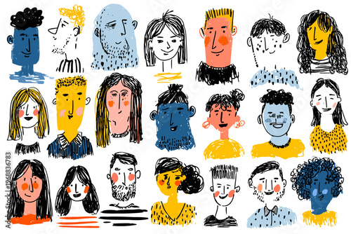 Colorful hand-drawn portraits of diverse individuals with unique hairstyles